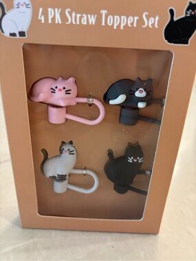4 PK Cat Straw Topper Set - Pink, Black, White, Gray
